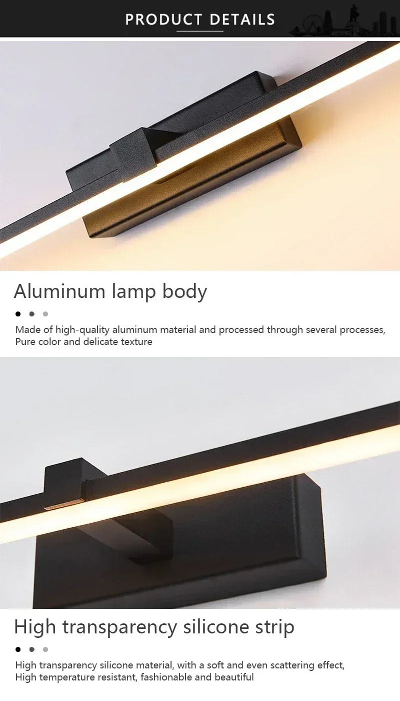 Applique murale LED miroir minimaliste moderne, éclairage d'ambiance pour la maison, lampe frontale en forme de bande d'aluminium, décoration intérieure de salle de bain - AgorAstrA