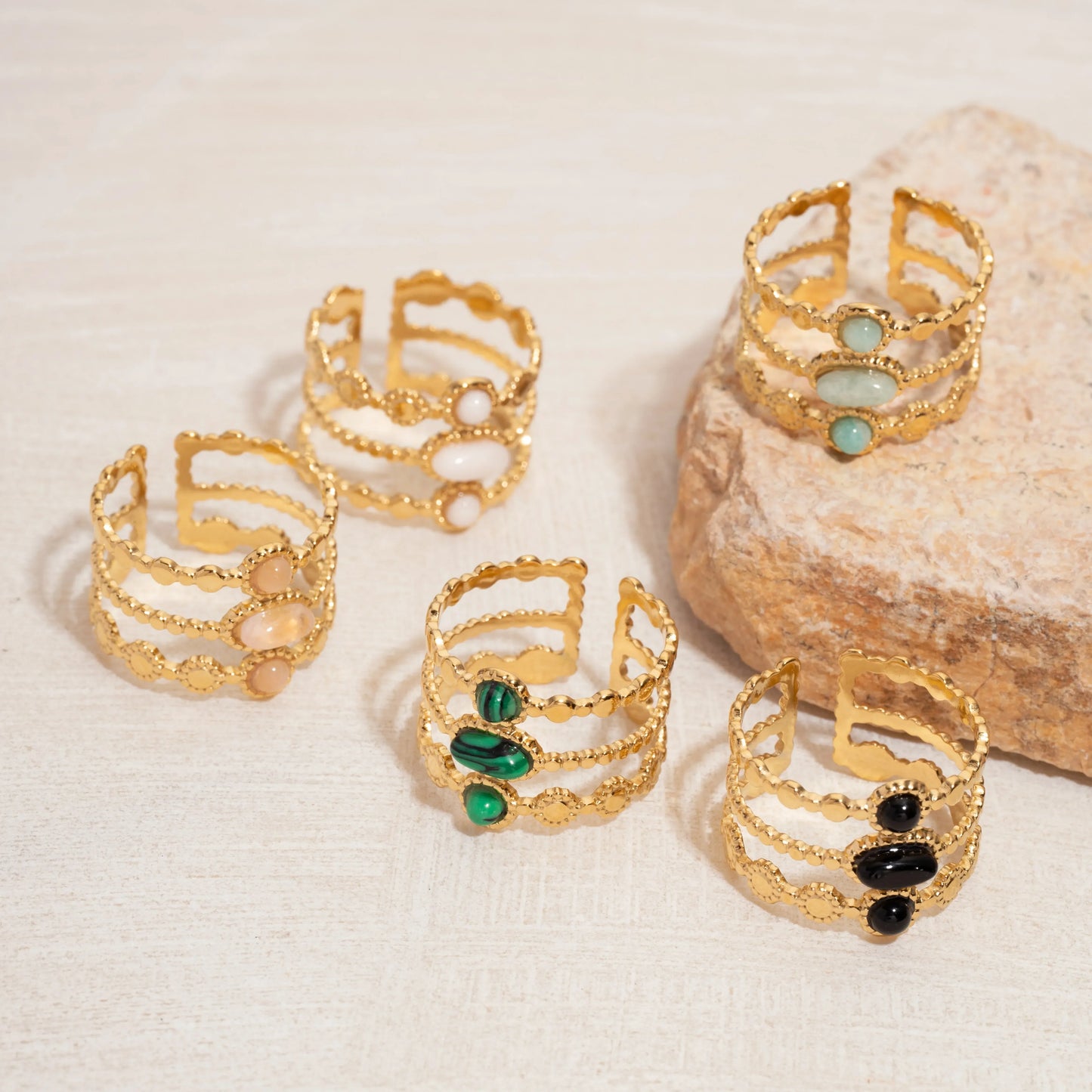 Bague émeraude en acier inoxydable pour femme, pierre naturelle, tendance atmosphérique rétro, ouverture réglable, matiques Boho - AgorAstrA