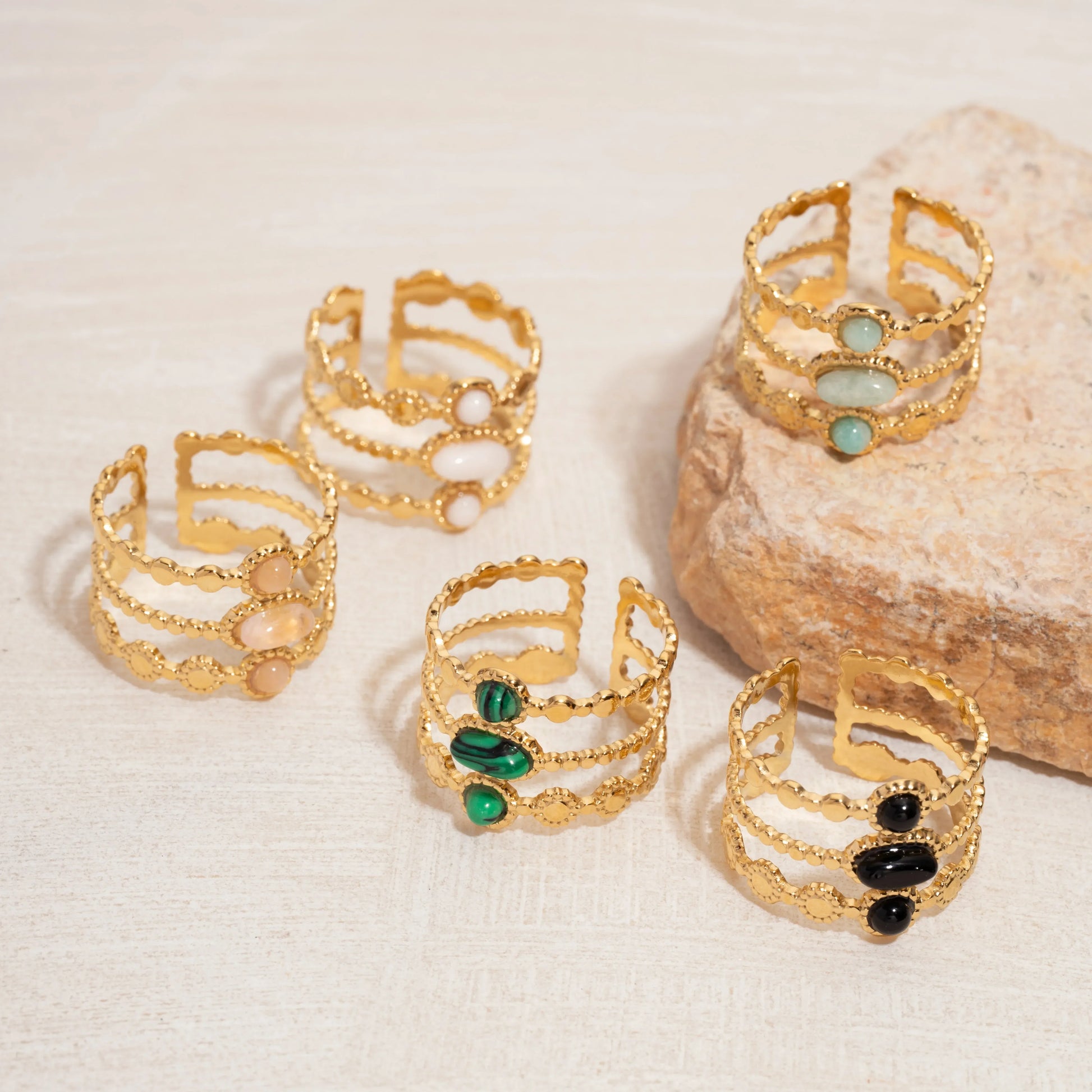 Bague émeraude en acier inoxydable pour femme, pierre naturelle, tendance atmosphérique rétro, ouverture réglable, matiques Boho - AgorAstrA