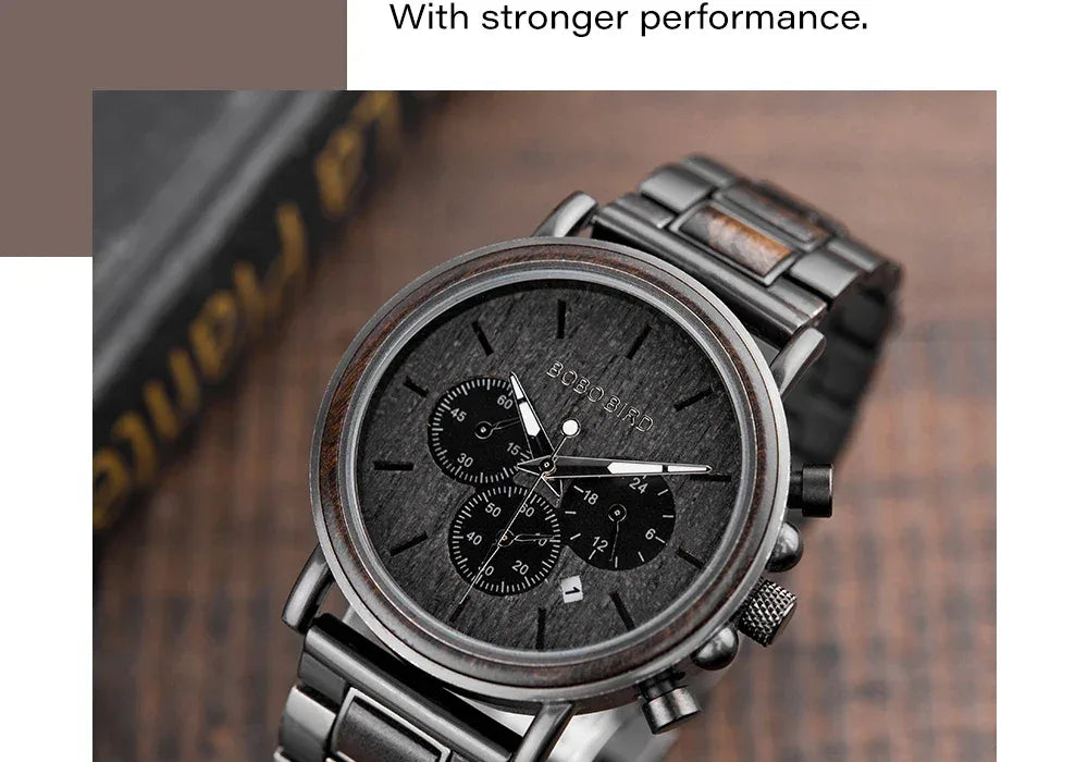 Montre Homme BOBO BIRD Bois Chronographe - Style Militaire Coffret Cadeau - AgorAstrA
