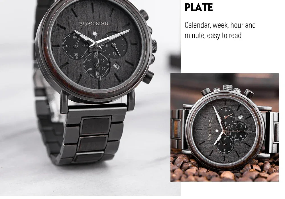 Montre Homme BOBO BIRD Bois Chronographe - Style Militaire Coffret Cadeau - AgorAstrA