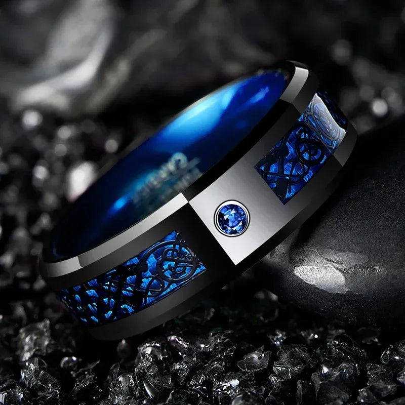 Bague Homme Tungstène Fibre Carbone Bleue Dragon Noir 8mm Zircon - AgorAstrA