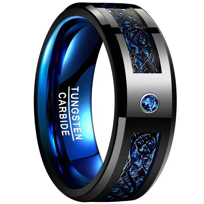 Bague Homme Tungstène Fibre Carbone Bleue Dragon Noir 8mm Zircon - AgorAstrA