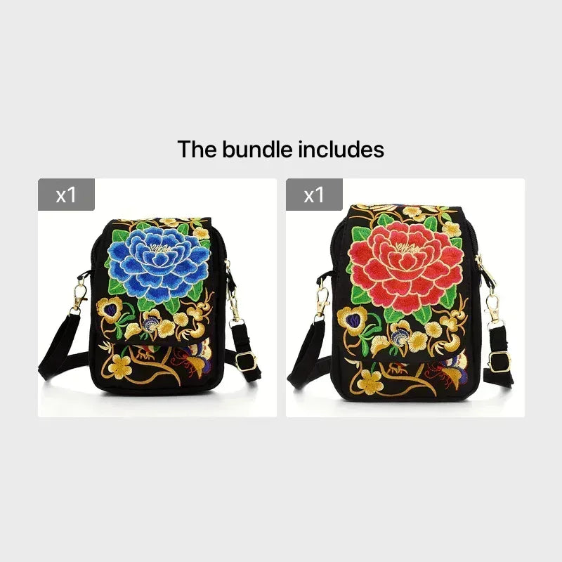 Sac bandoulière brodé pour femme, mini sac à bandoulière, portefeuille portable double compartiment, pochette pour téléphone - AgorAstrA