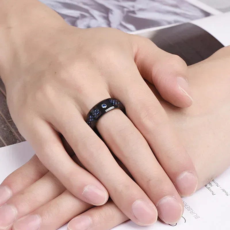 Bague Homme Tungstène Fibre Carbone Bleue Dragon Noir 8mm Zircon - AgorAstrA
