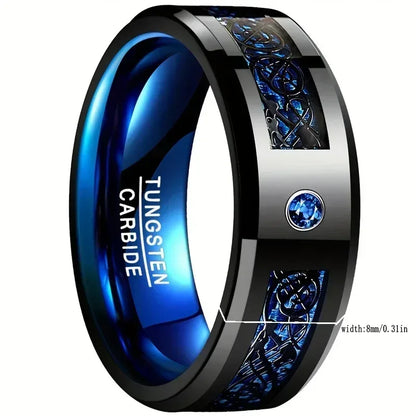 Bague Homme Tungstène Fibre Carbone Bleue Dragon Noir 8mm Zircon - AgorAstrA