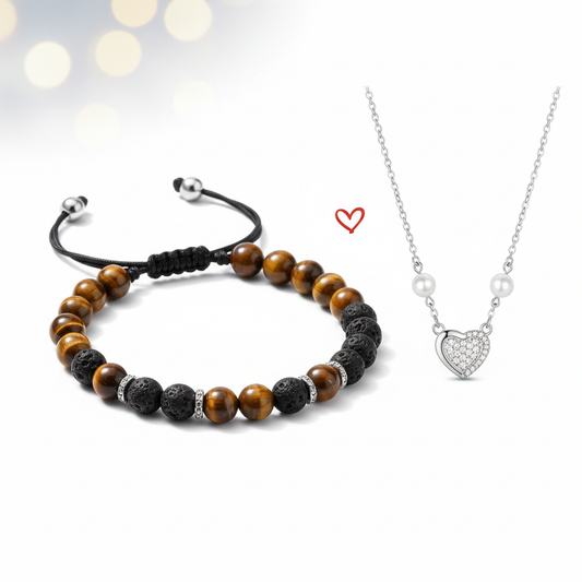 Pack Cadeau Couple Romantique - Bracelet Œil de Tigre et Collier Cœur